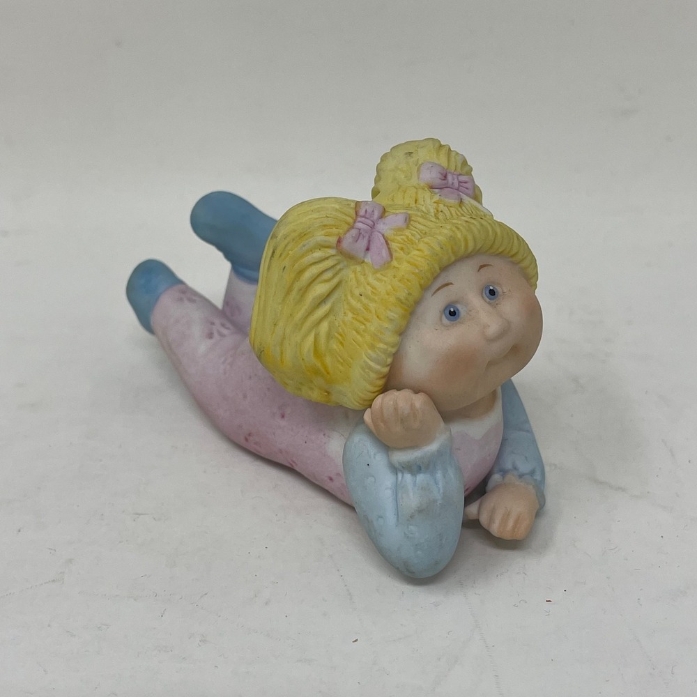 Vintage Cabbage Patch Kids Ceramic Figurine Blonde Girl Pigtails Pink Blue 1980s